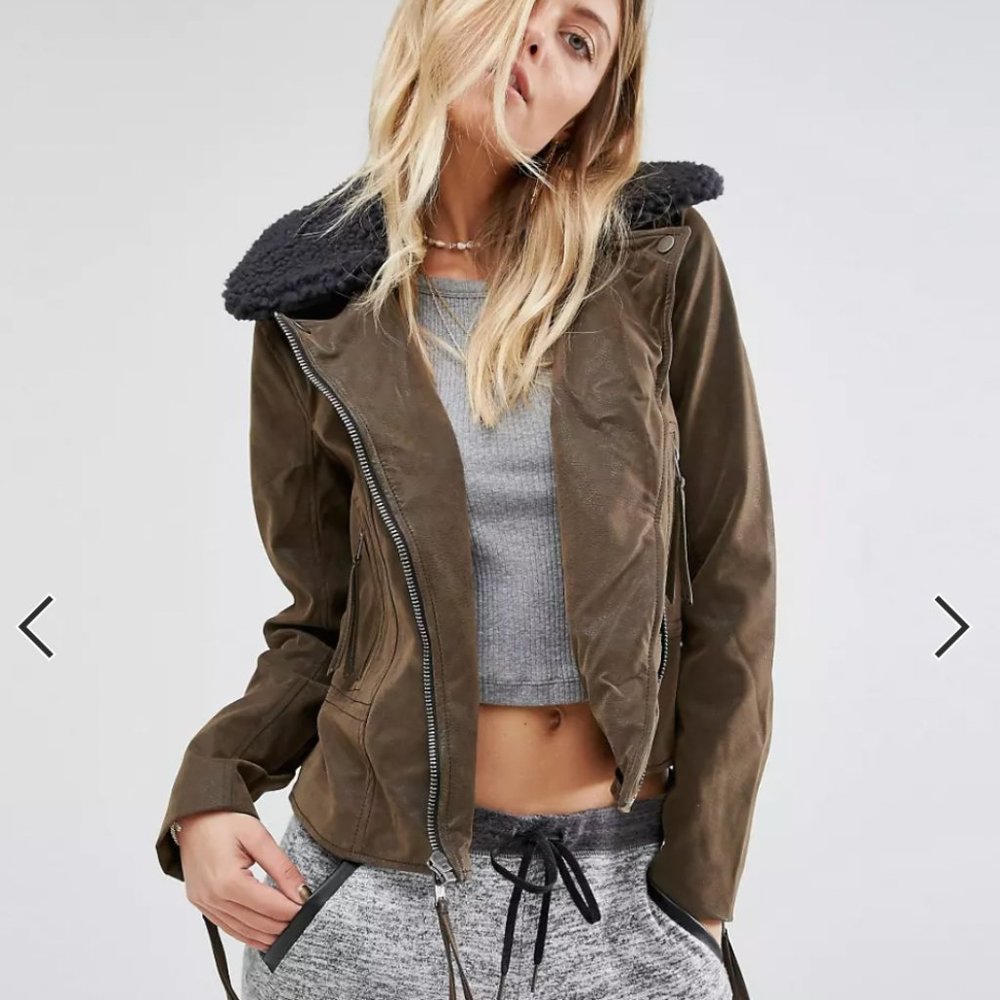 Abercrombie & Fitch Suede Biker Jacket With Borg Collar